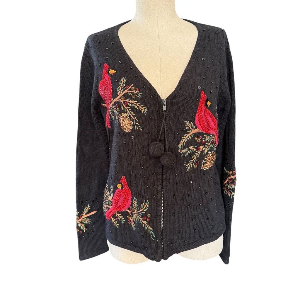 Holiday Small Elegant Black Cardigan Red Cardinal Embroidery Sequin Knit Zip Up